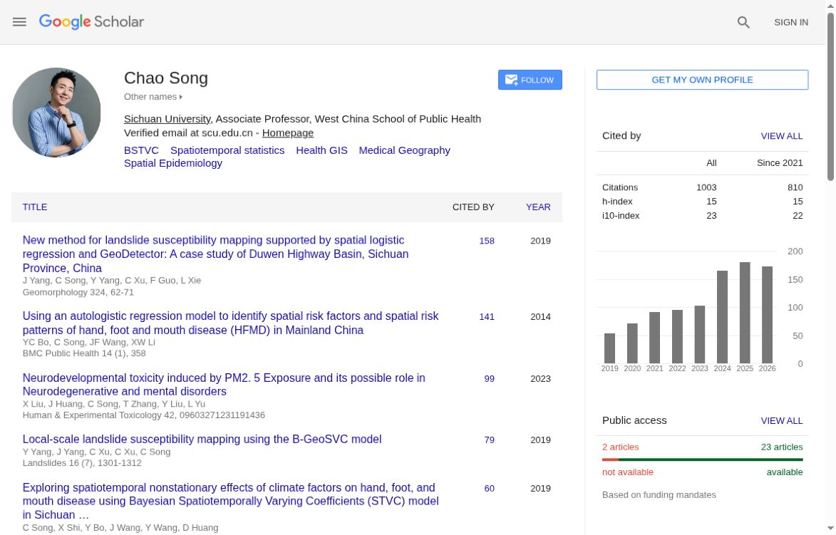 Chao Song public Google Scholar profile, 1,003 citations on 6 October 2026