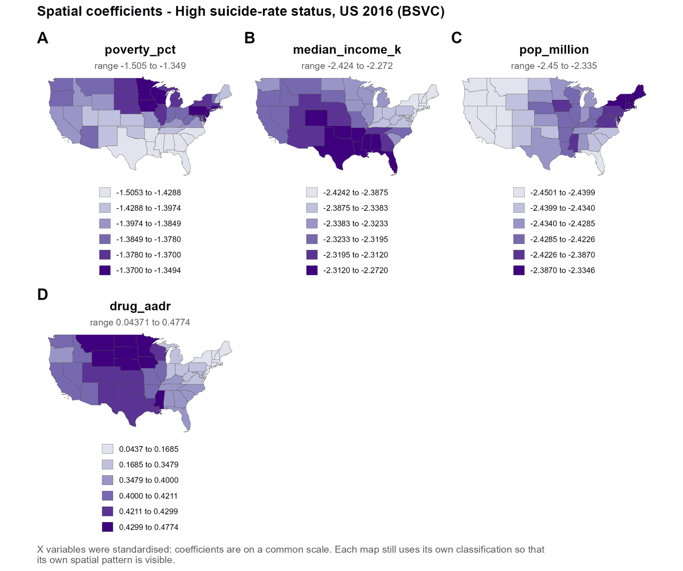 Spatial-only BSVC coefficient maps for 49 US areas in 2016