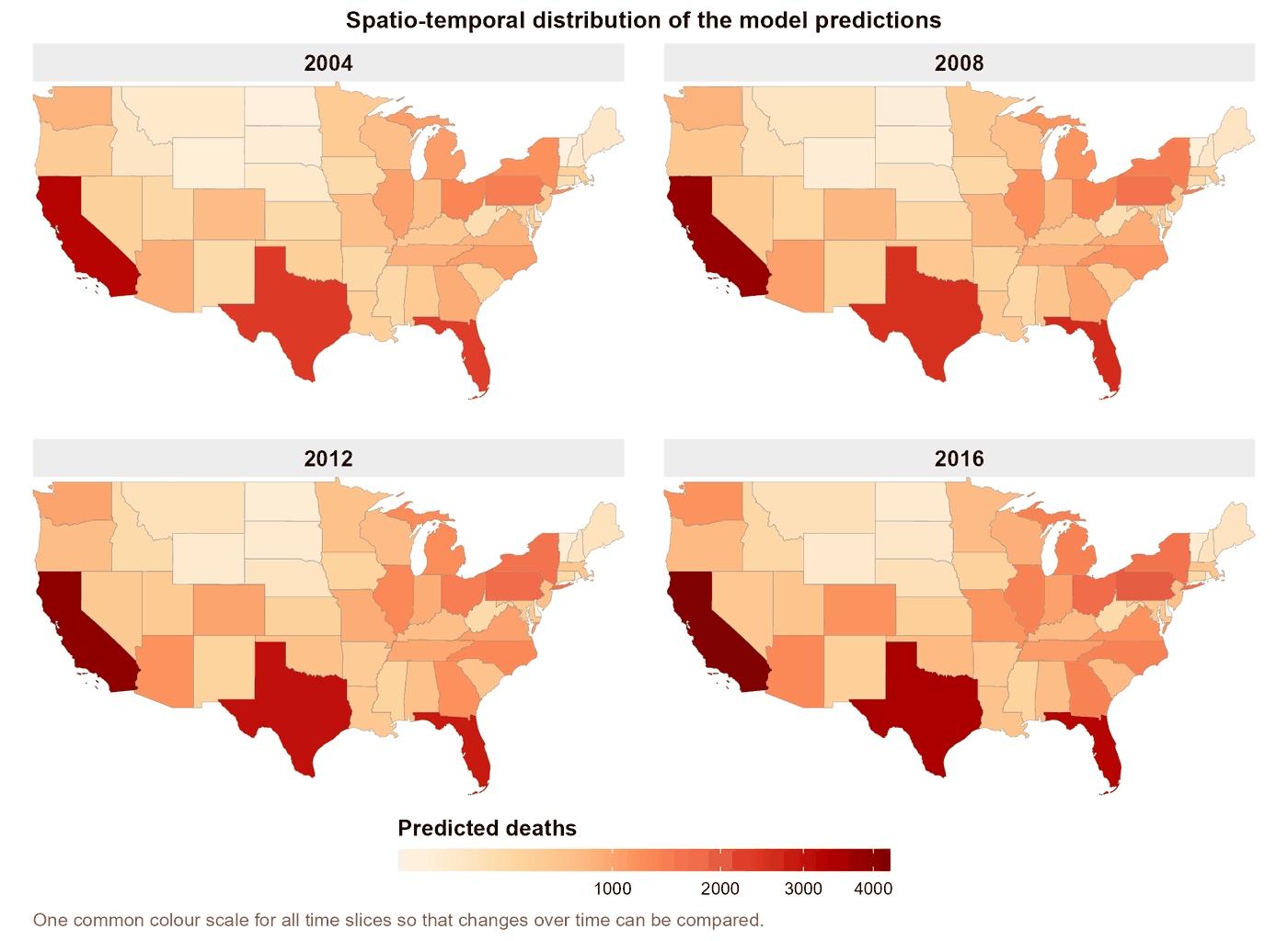 Fitted death-count maps for the US area-level panel