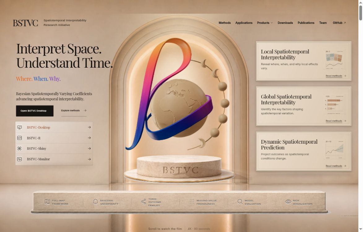 BSTVC official homepage with its globe and beta-ribbon identity and three research themes
