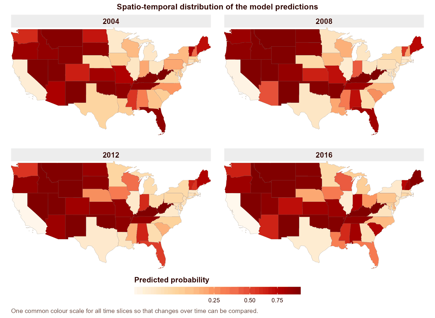 Fitted probability maps for the derived above-median US area suicide-rate indicator