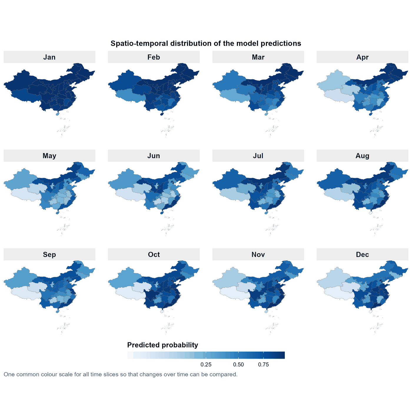 Twelve fitted outbreak probability maps for Chinese provinces in 2020
